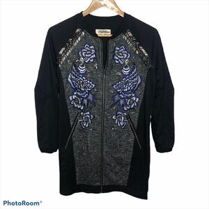 Anhha Intermix Beaded Embroidered‎ Jacket Sweater Floral Black Zip Up M Gray Med